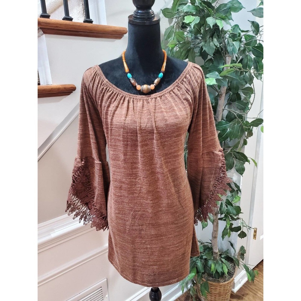 Win Win Women Brown Polyester Round Neck Long Sleeve Casual Knee Length Dress XL